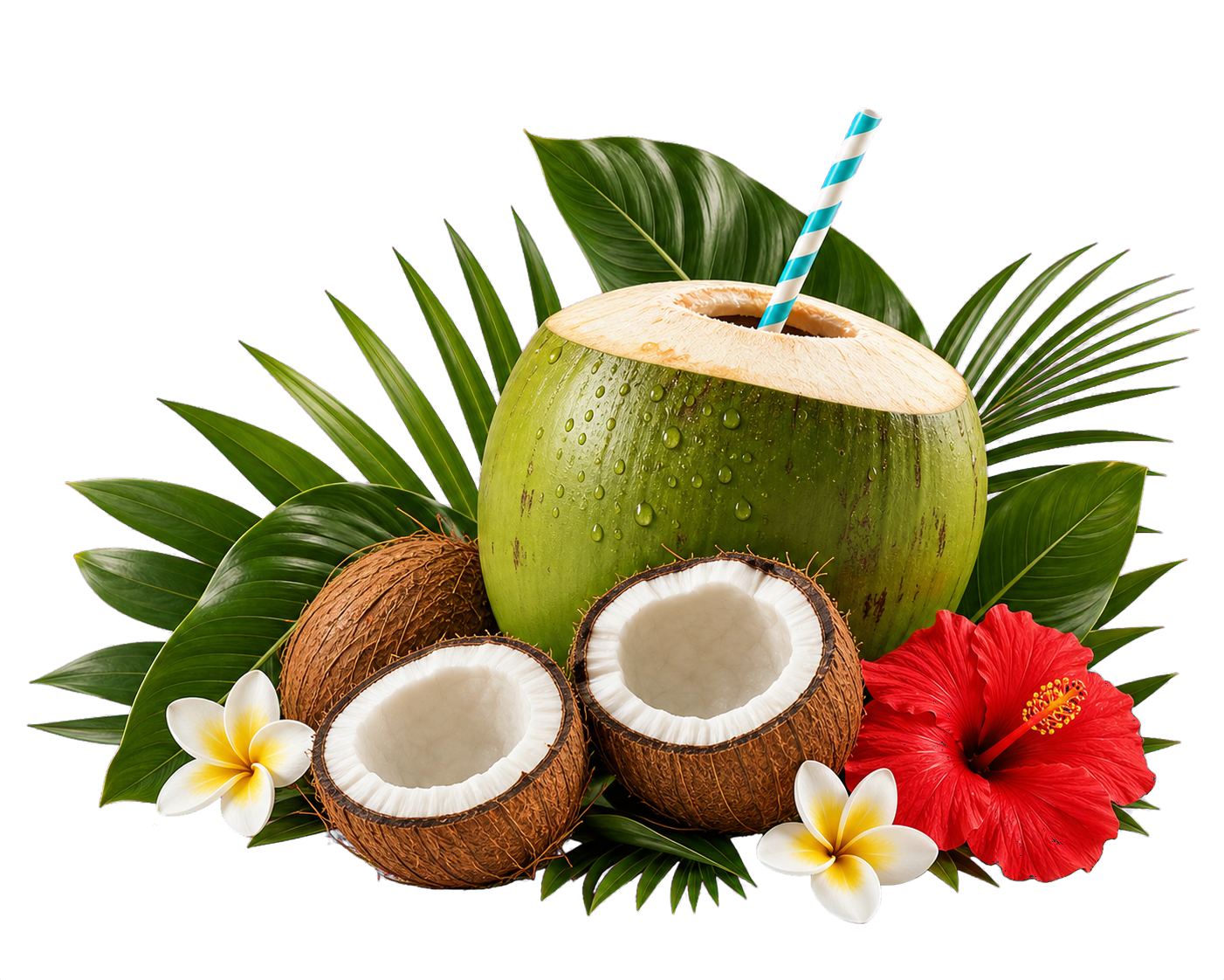 Fresh coconuts and tropical flowers